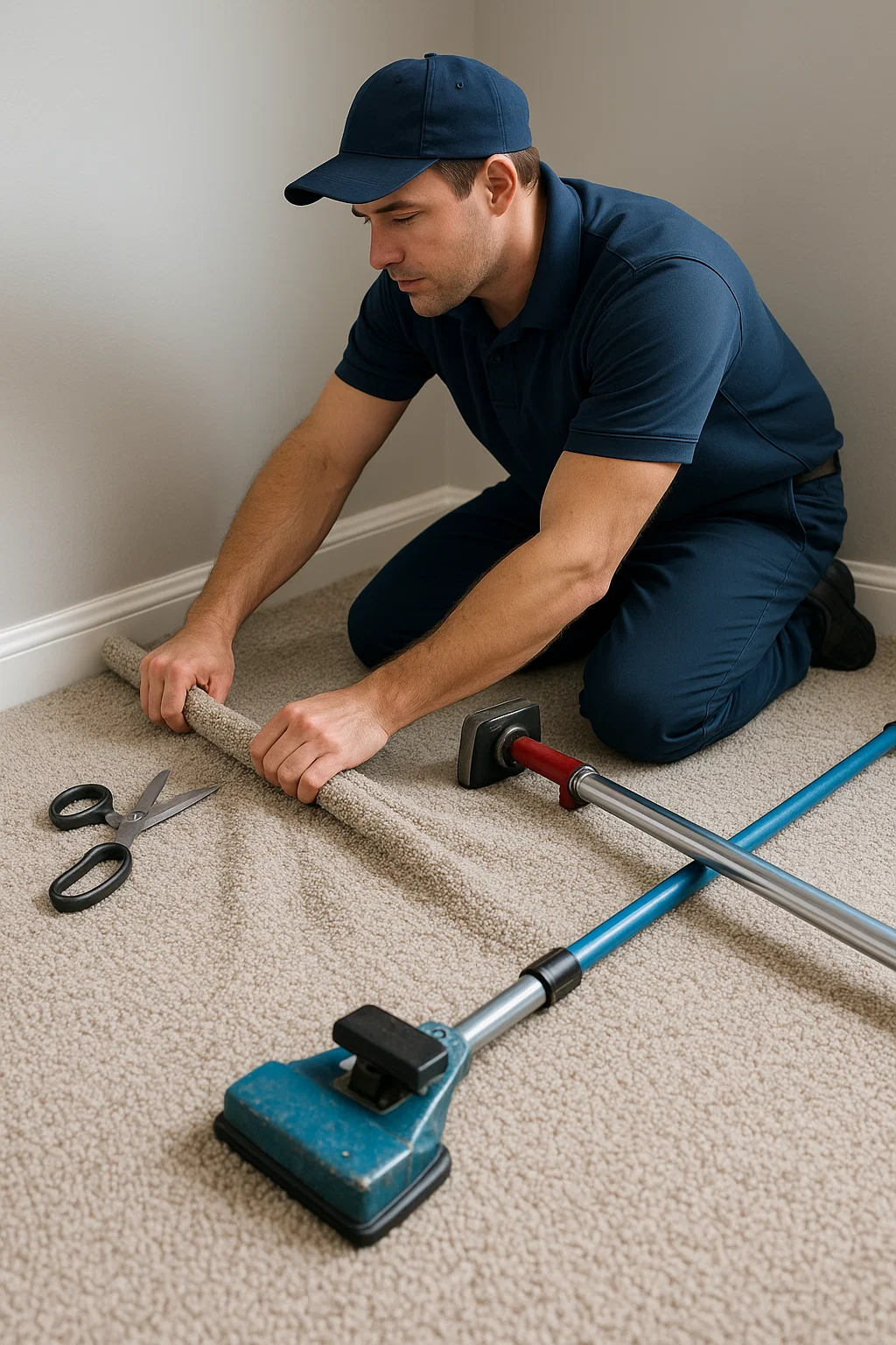 Technician power stretching carpet to remove wrinkles and ripples