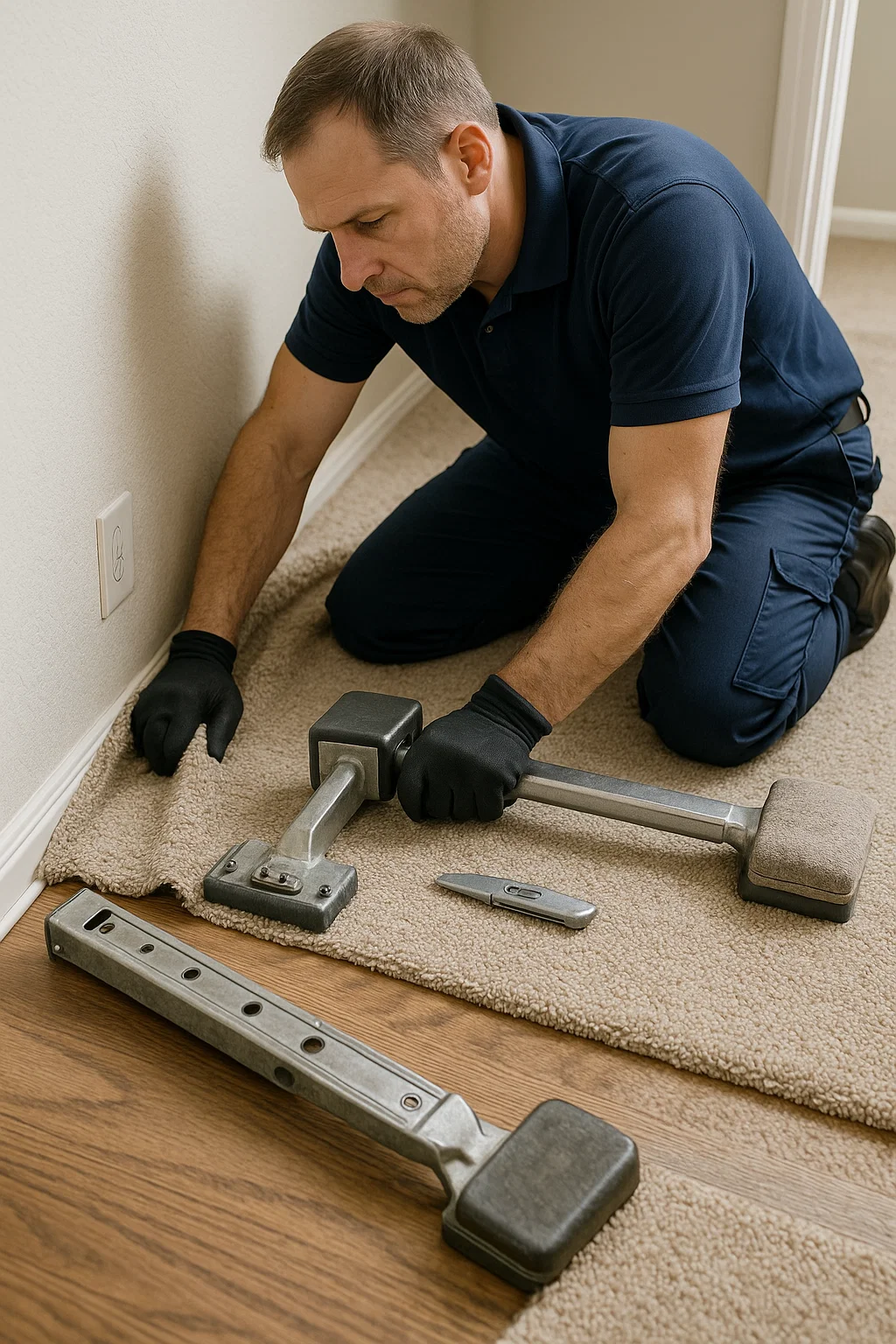 Carpet patch repair where a damaged section was replaced