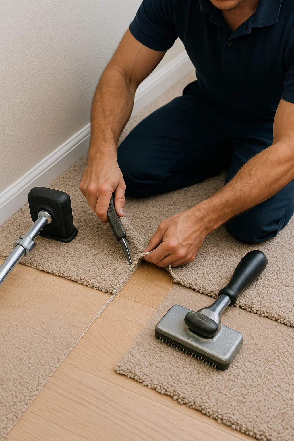 Doorway carpet seam repaired and re-secured to the transition