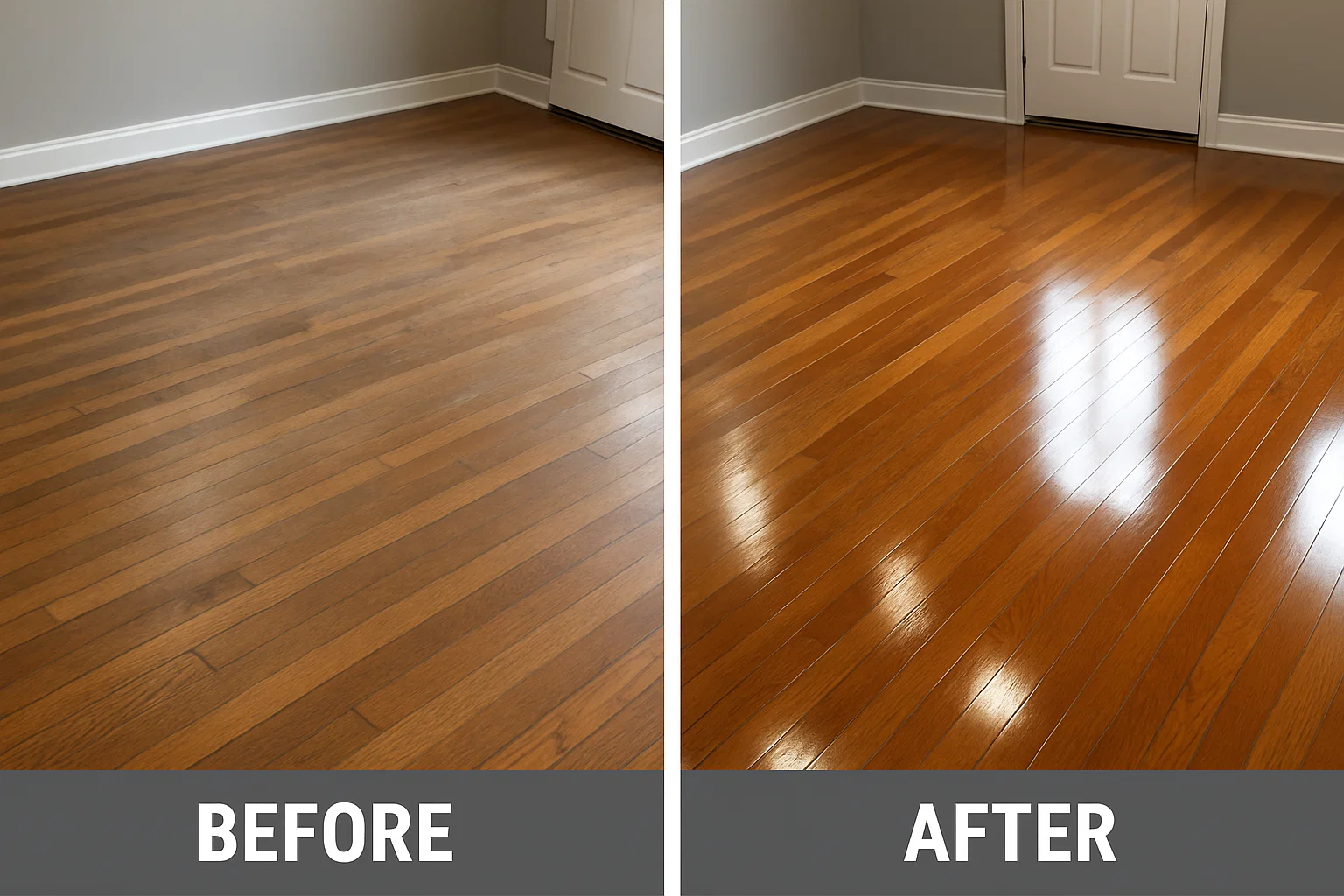 Before and after professional hardwood floor cleaning results