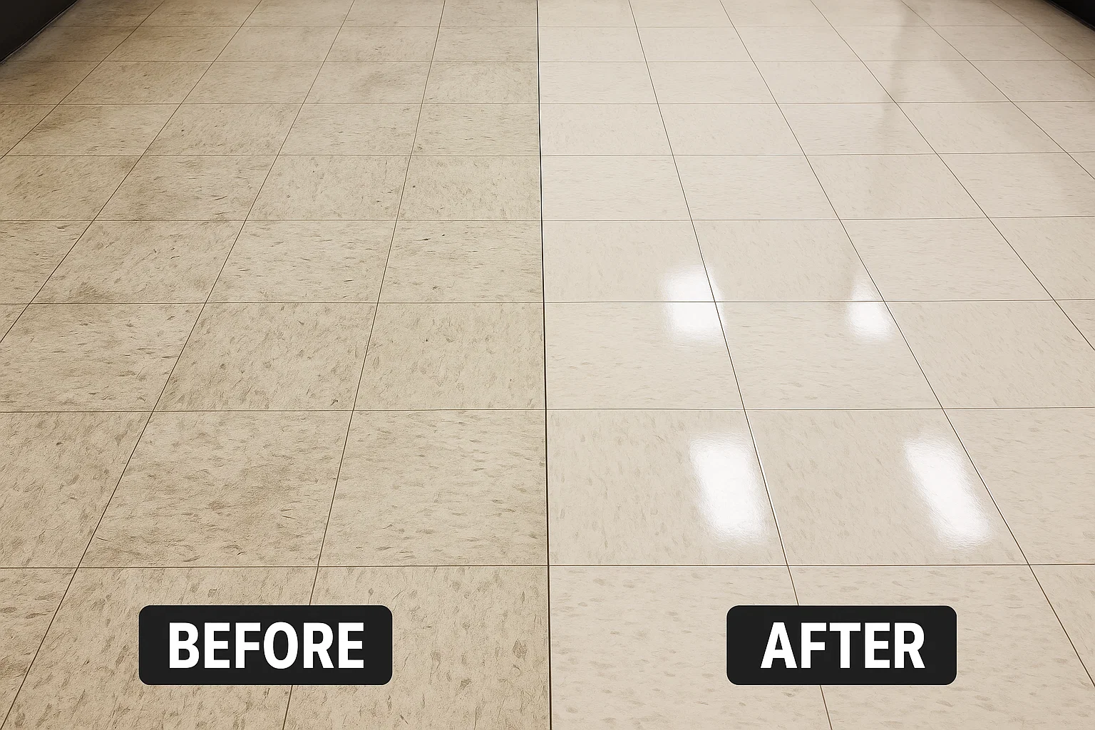 Before and after professional VCT stripping and waxing results