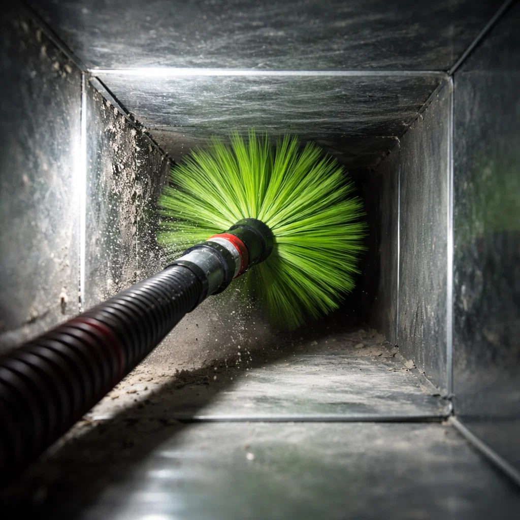 RotoBrush system actively cleaning inside an air duct with contact brushing and vacuum extraction