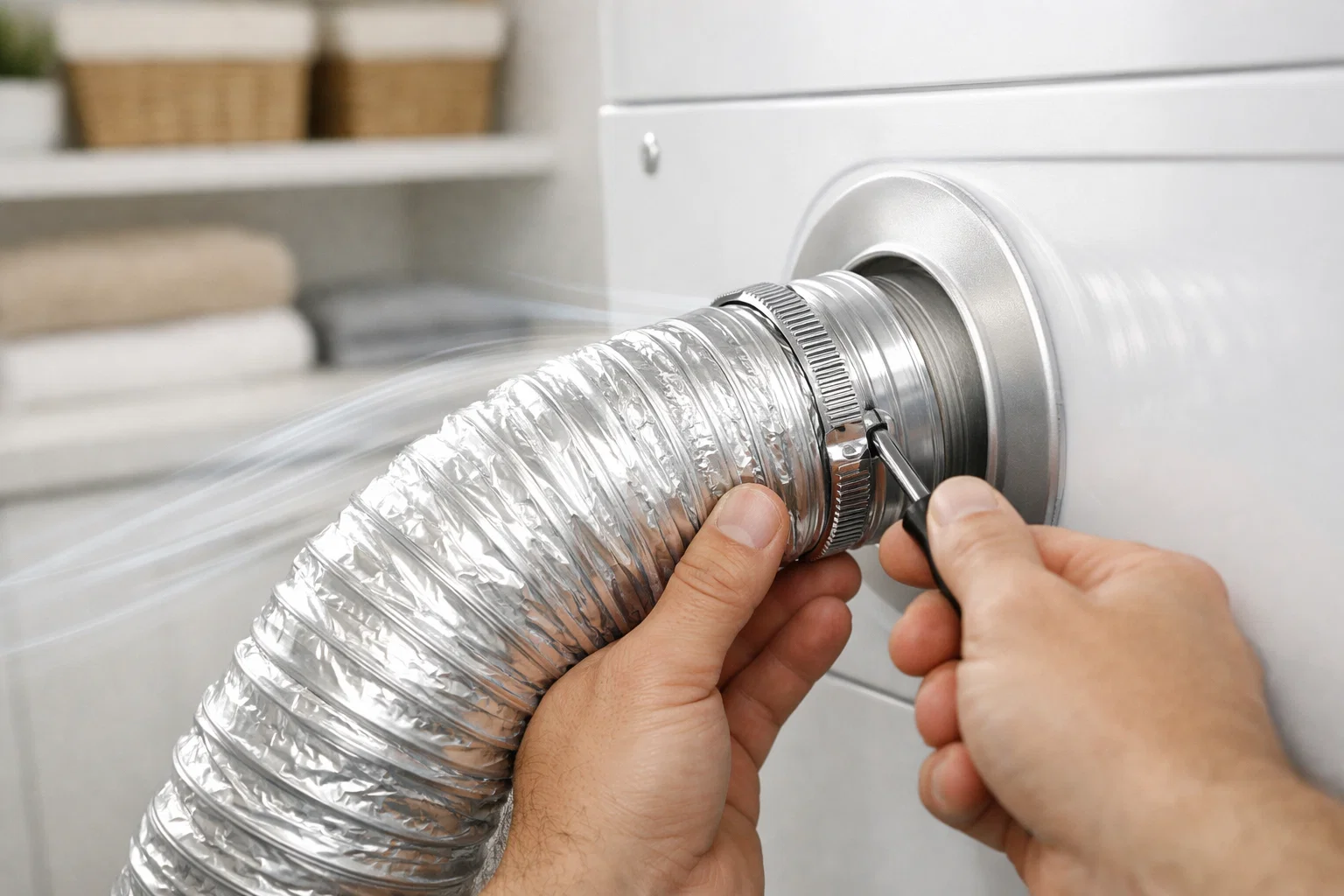 Dryer vent hose connection secured for stronger airflow and safer drying