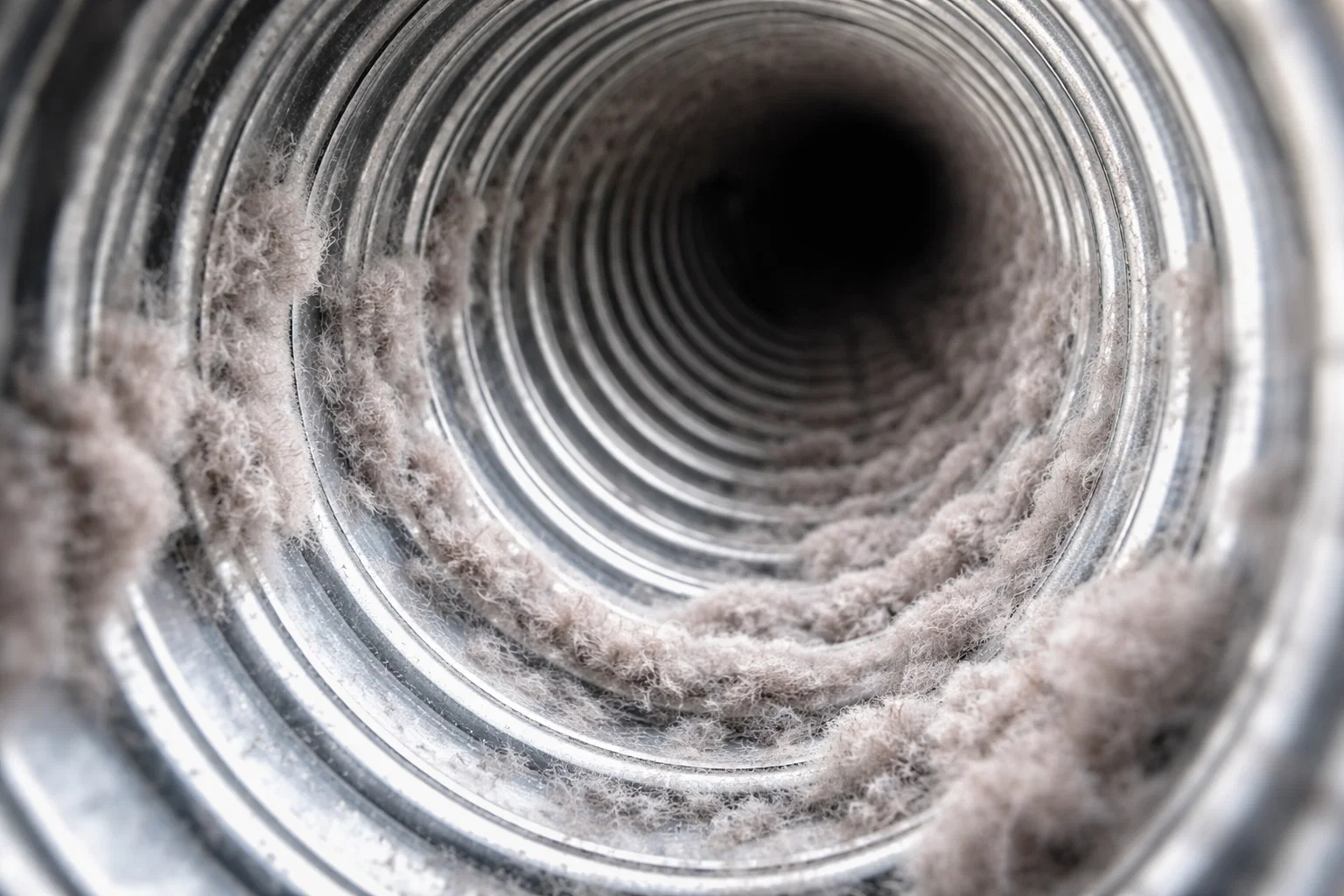 Inside a dryer vent duct before cleaning with lint buildup on the metal walls
