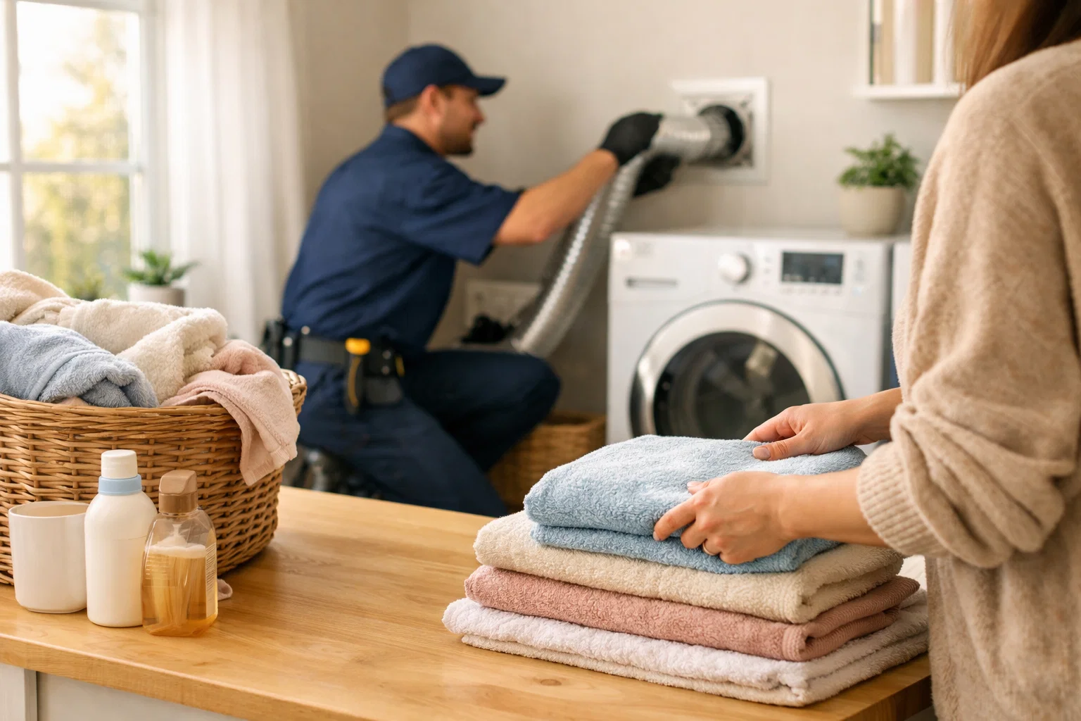 Family folding laundry while a technician completes dryer vent cleaning in the background