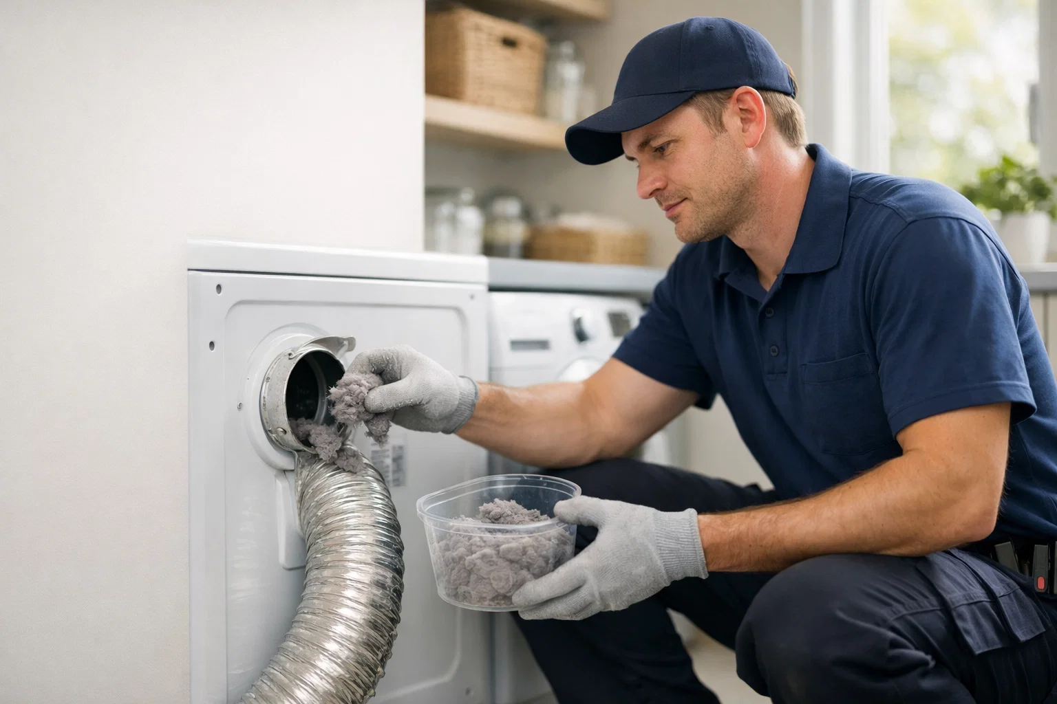 Technician cleaning a dryer vent connection in a modern laundry room