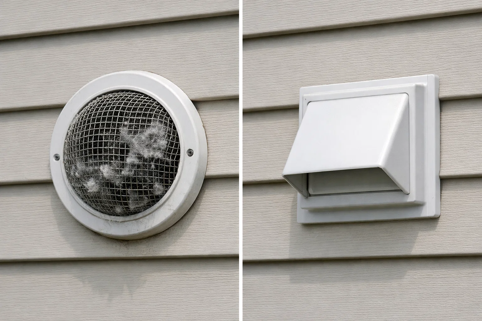 Comparison of screened dryer vent cover versus proper damper-style hood