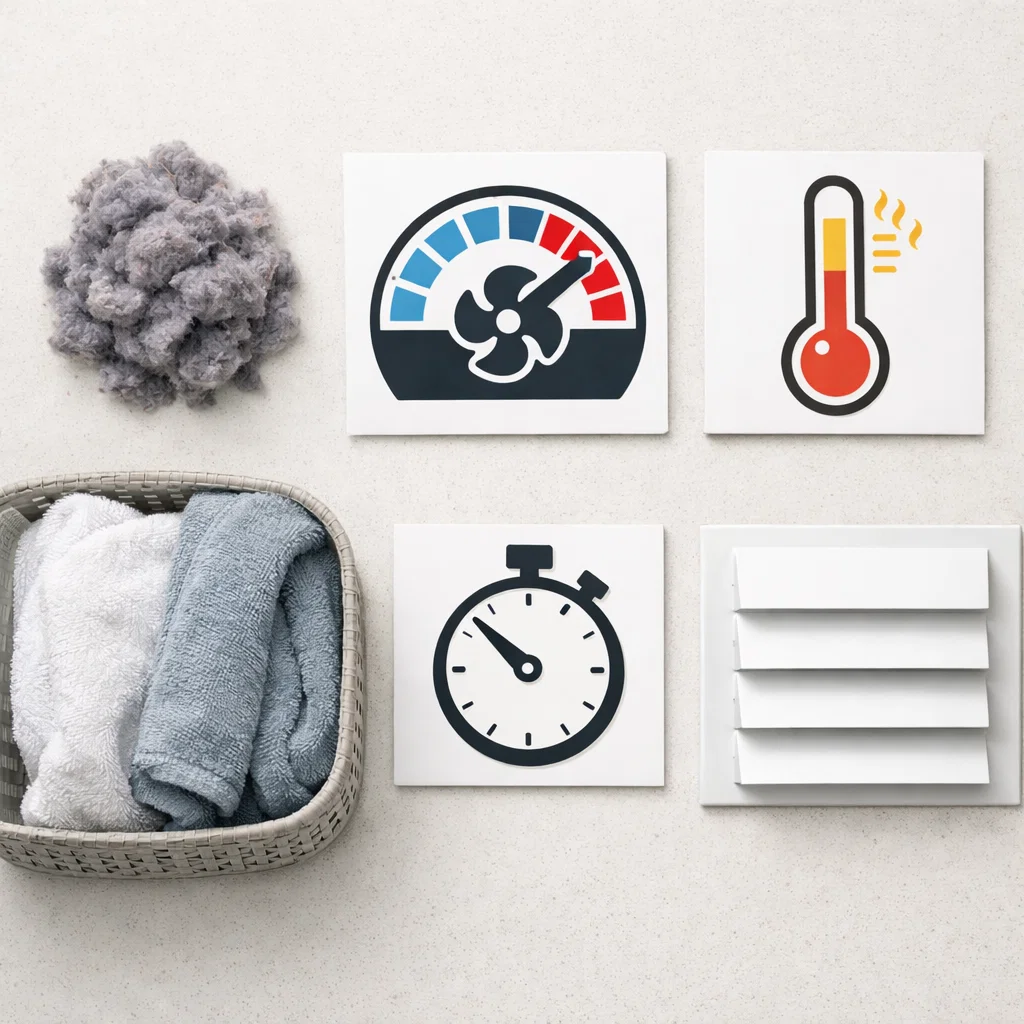 Flat lay showing signs a dryer vent needs cleaning like lint, heat, and slow dry times