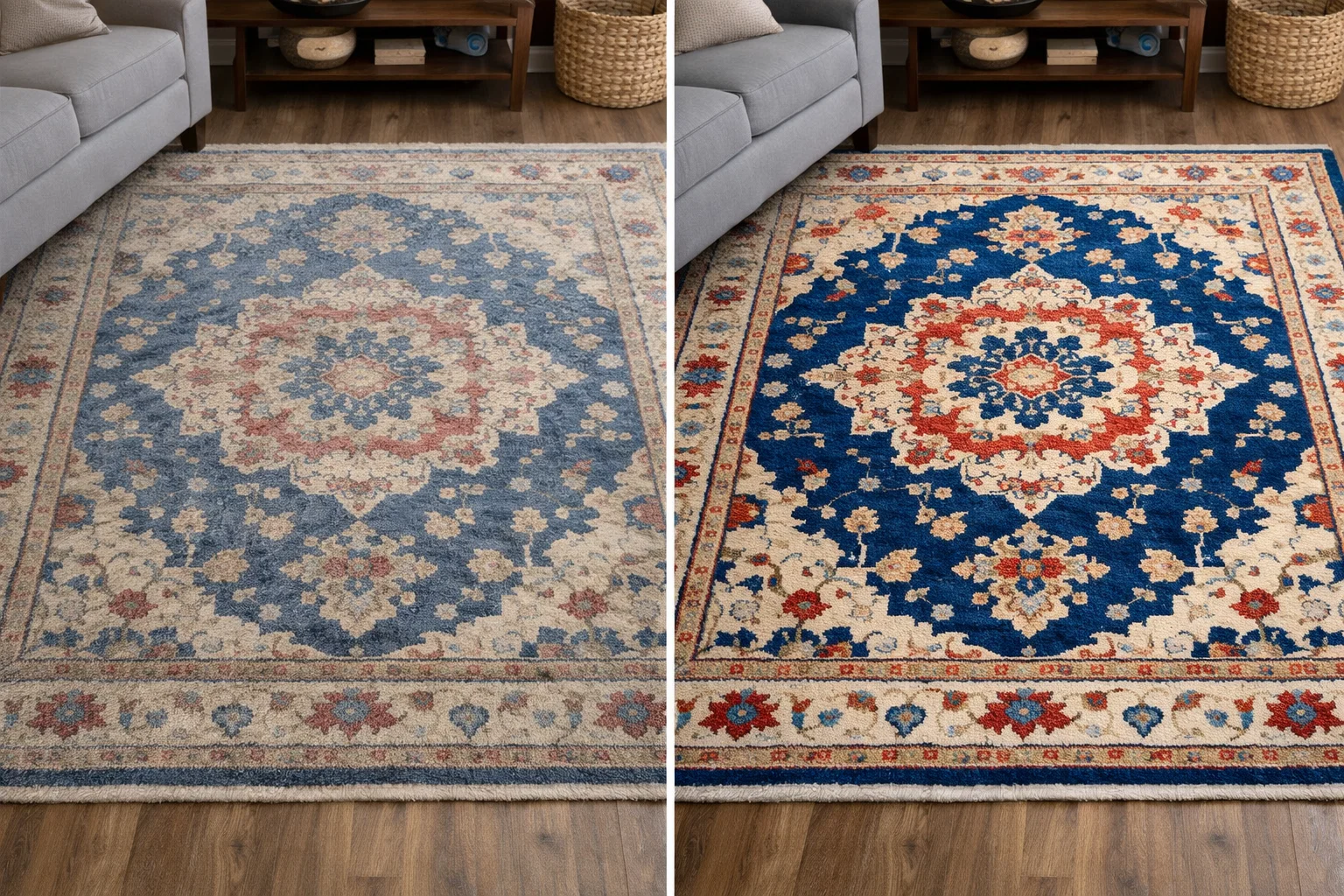 Before and after professional area rug cleaning showing improved color and restored pile texture