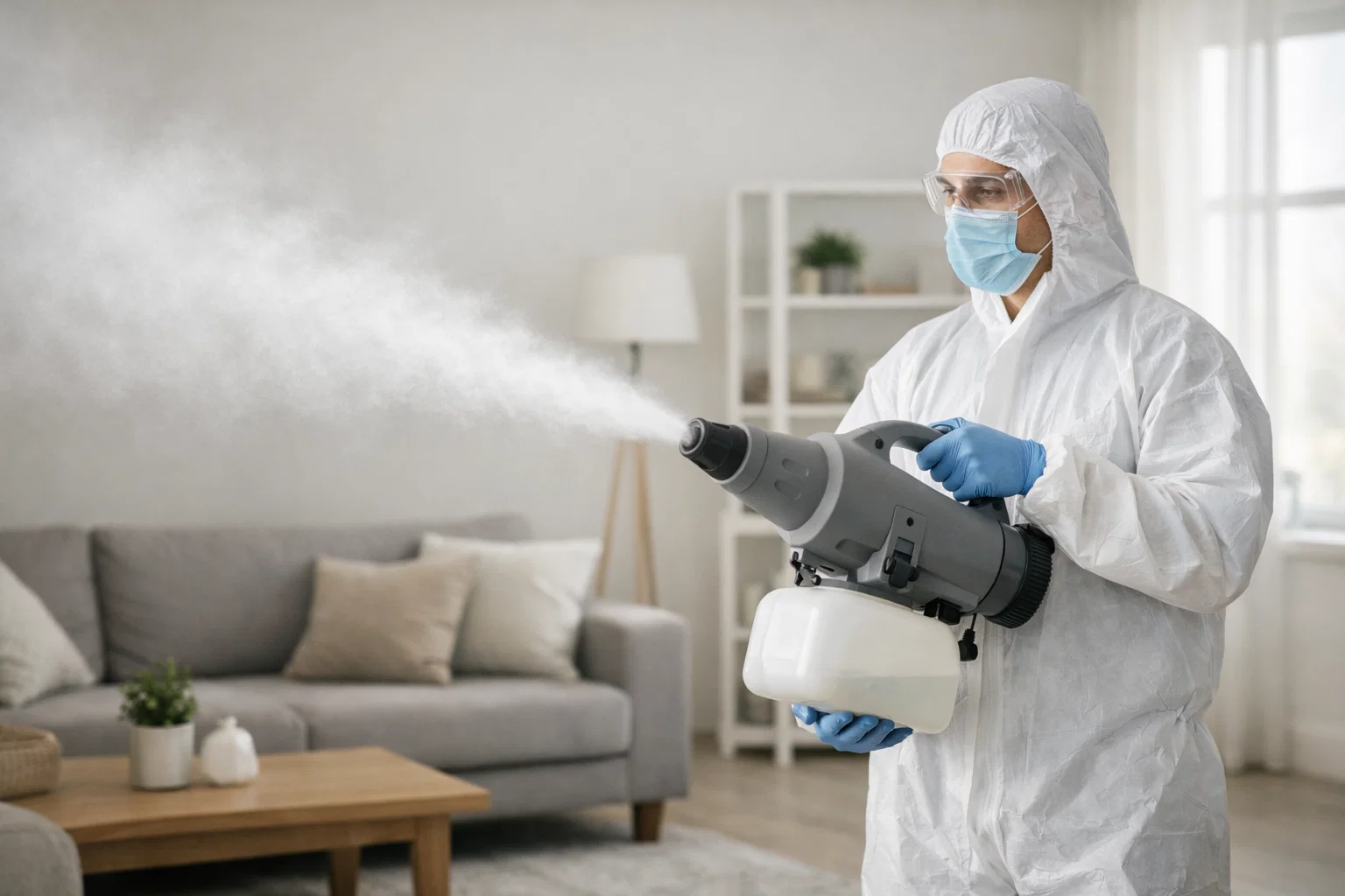 Technician performing ULV disinfectant fogging in a room with professional equipment