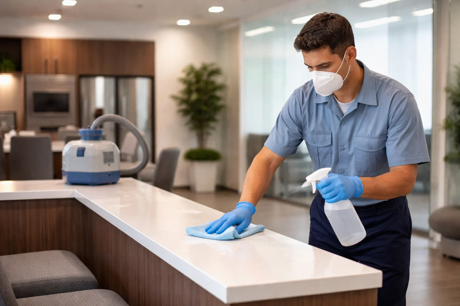 Disinfecting shared office surfaces during flu season with professional cleaning and fogging