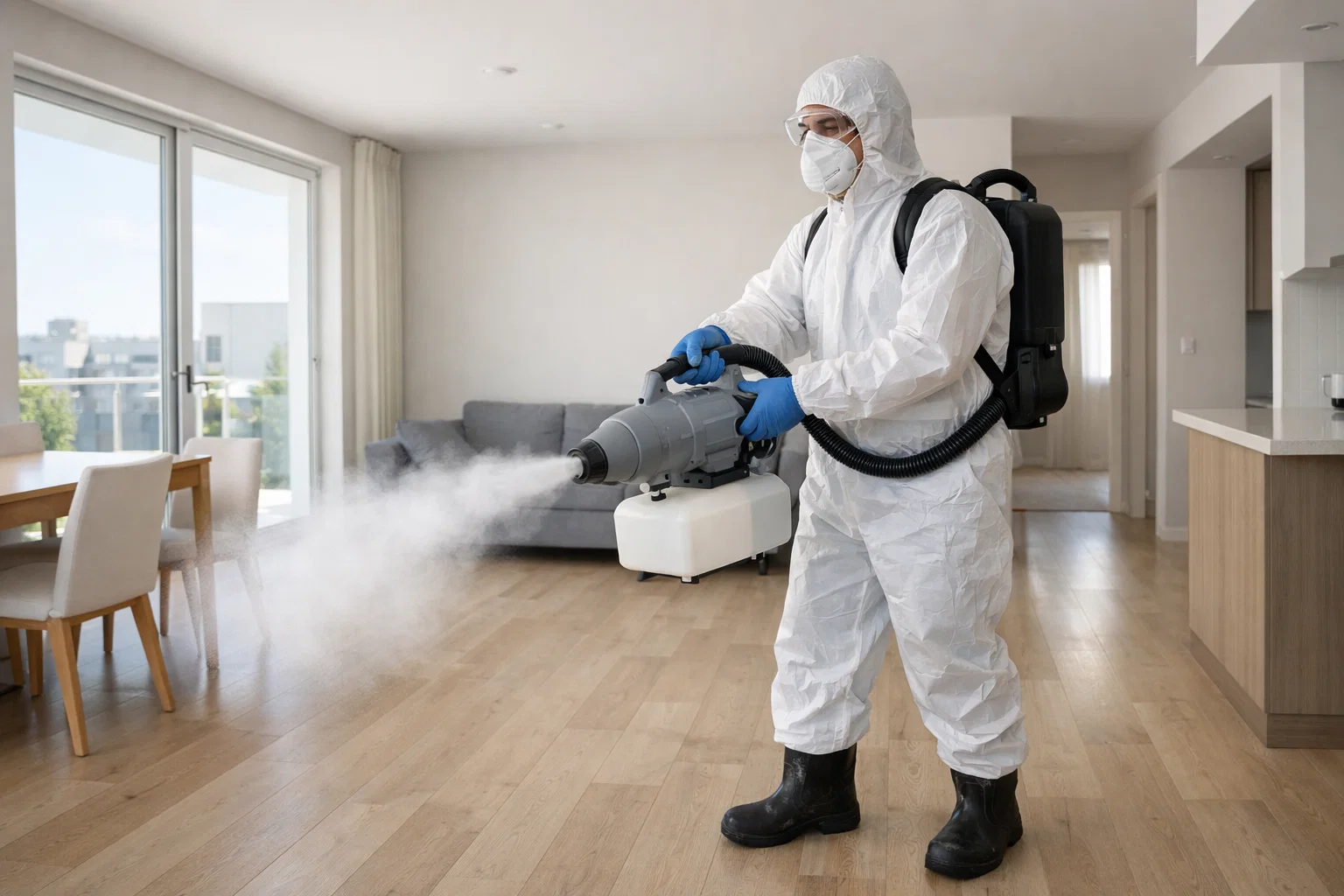 Move-in disinfectant fogging in an empty home to help reset surfaces before occupancy