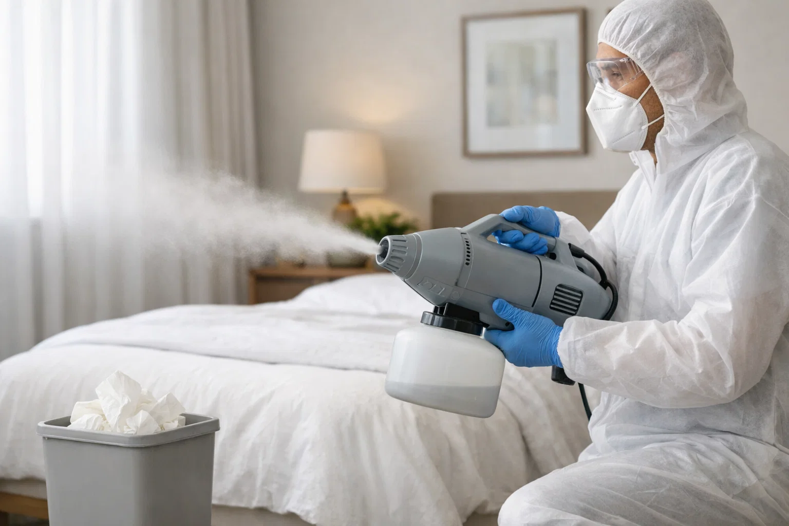 Disinfectant fogging service performed after illness to help reset surfaces in a home
