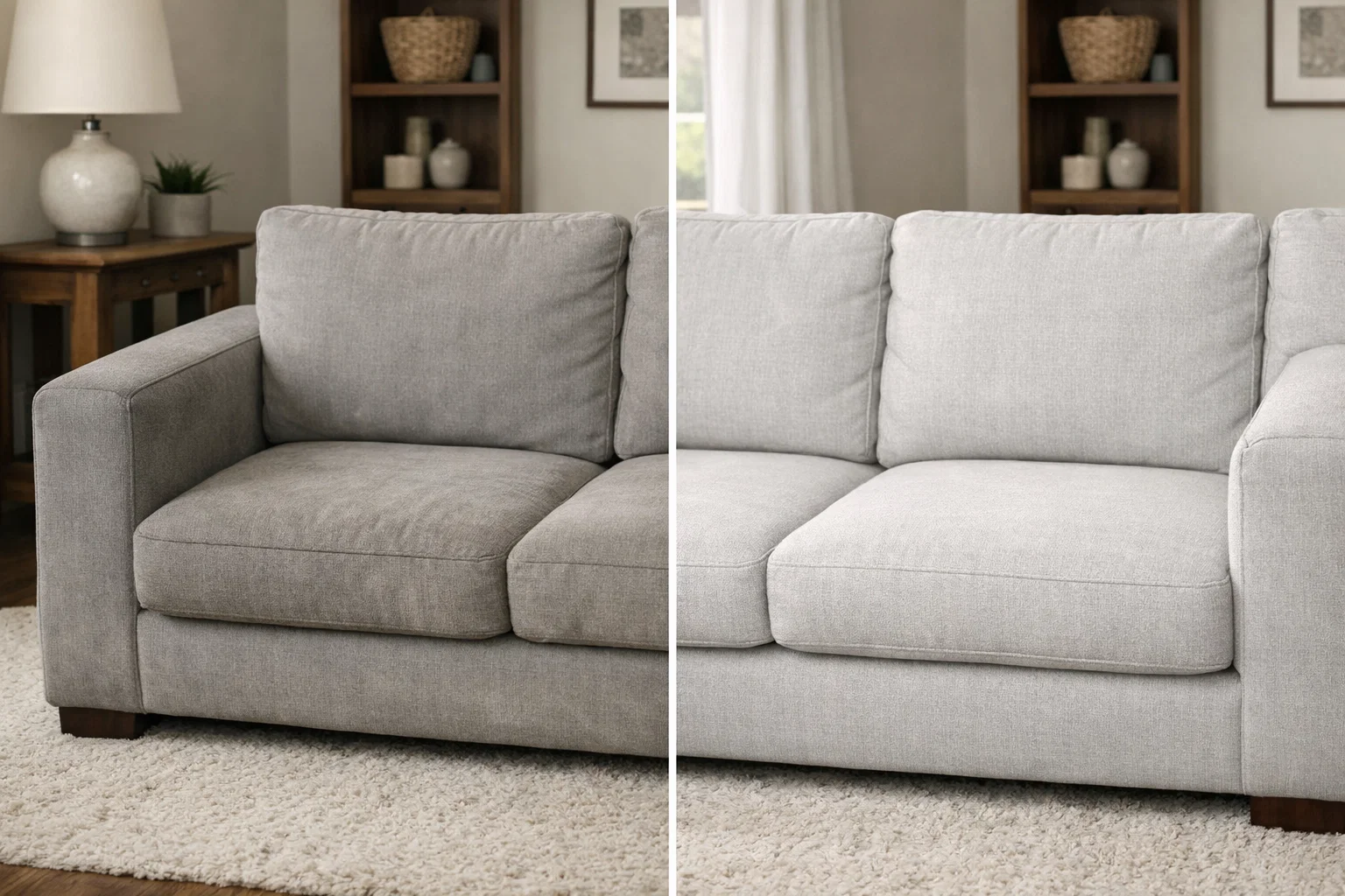 Before and after upholstery cleaning showing brighter fabric and restored texture on a sofa
