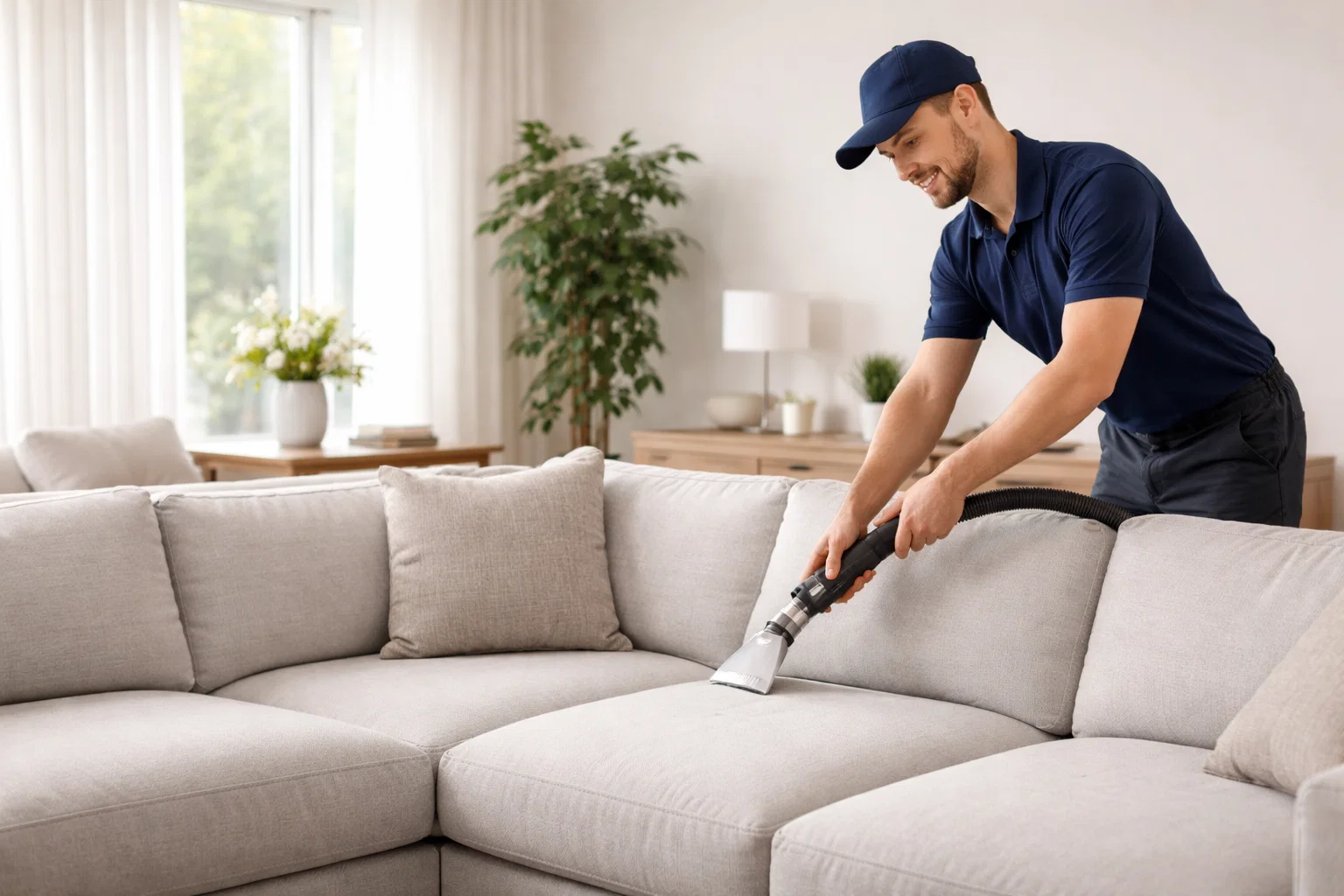 Professional upholstery cleaning technician cleaning a sectional sofa with an extraction tool