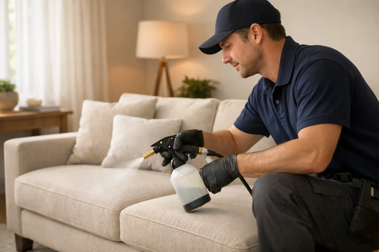 Applying fabric protector to a clean upholstered sofa to help repel spills and slow re-soiling