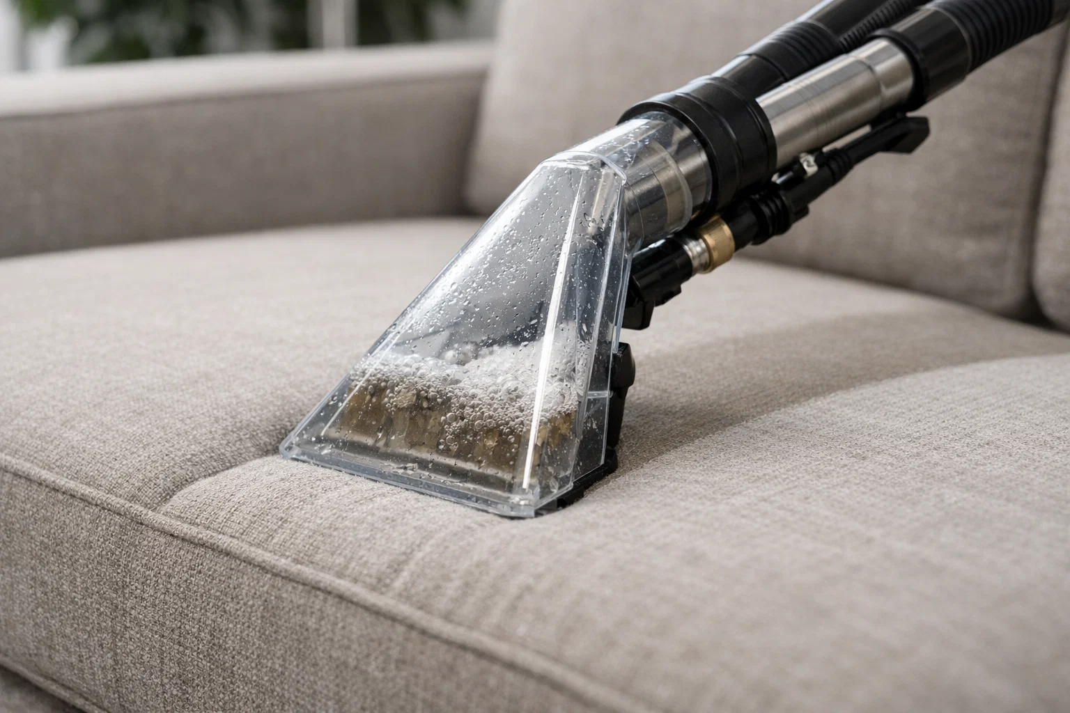 Professional hot-water extraction tool cleaning a sofa cushion with controlled moisture and strong recovery