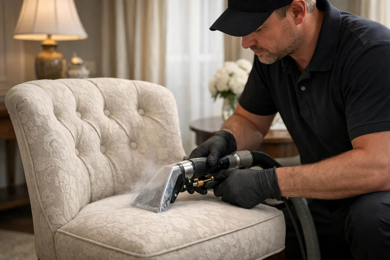 Low-moisture upholstery cleaning on a delicate fabric chair using specialized hand tools