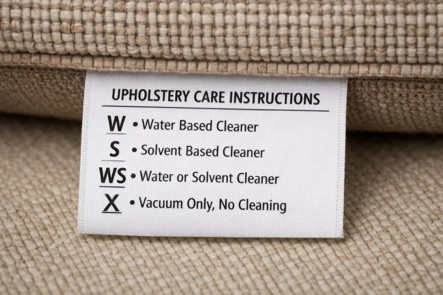 Upholstery cleaning code tag showing W S WS X fabric care symbols under a cushion
