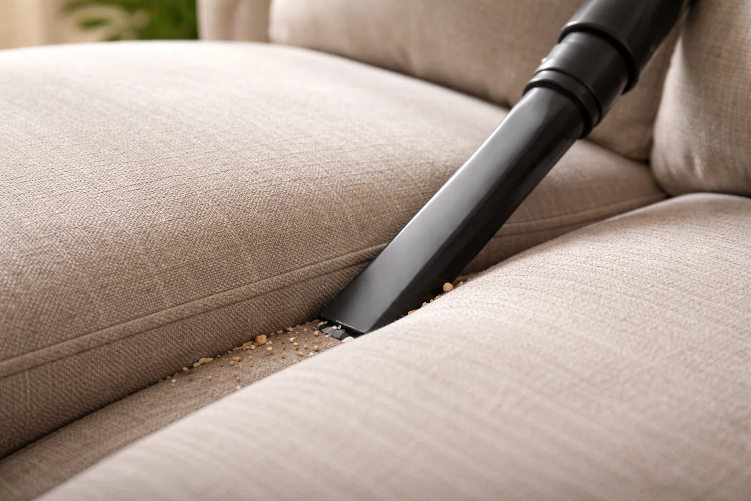 Vacuuming between sofa cushions with a crevice tool to remove dust and crumbs